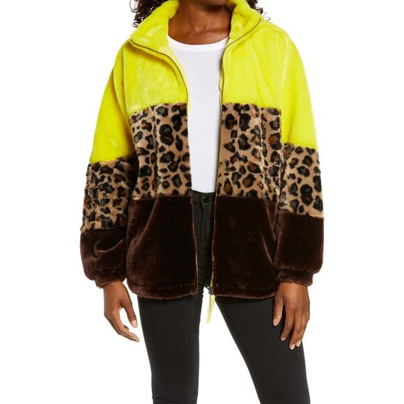 UGG Elaina Faux Fur Bomber Jacket Leopard Yellow Brown Size S - Picture 1 of 13